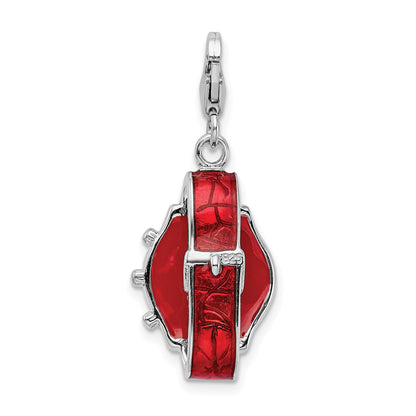 Sterling Silver Amore La Vita Rhodium-Plated Polished 3-D Red Enameled Watch Charm With Fancy Lobster Clasp