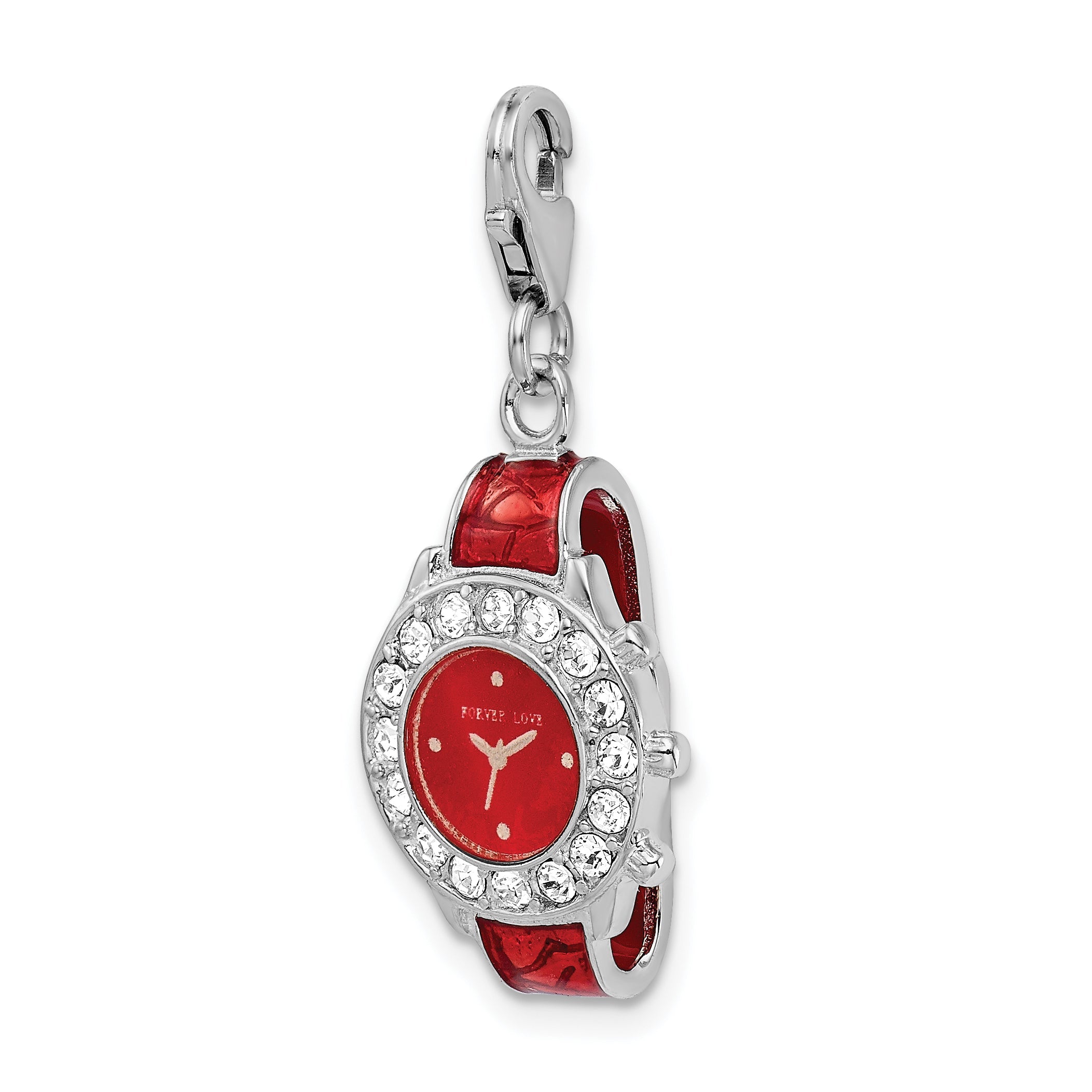 Sterling Silver Amore La Vita Rhodium-Plated Polished 3-D Red Enameled Watch Charm With Fancy Lobster Clasp