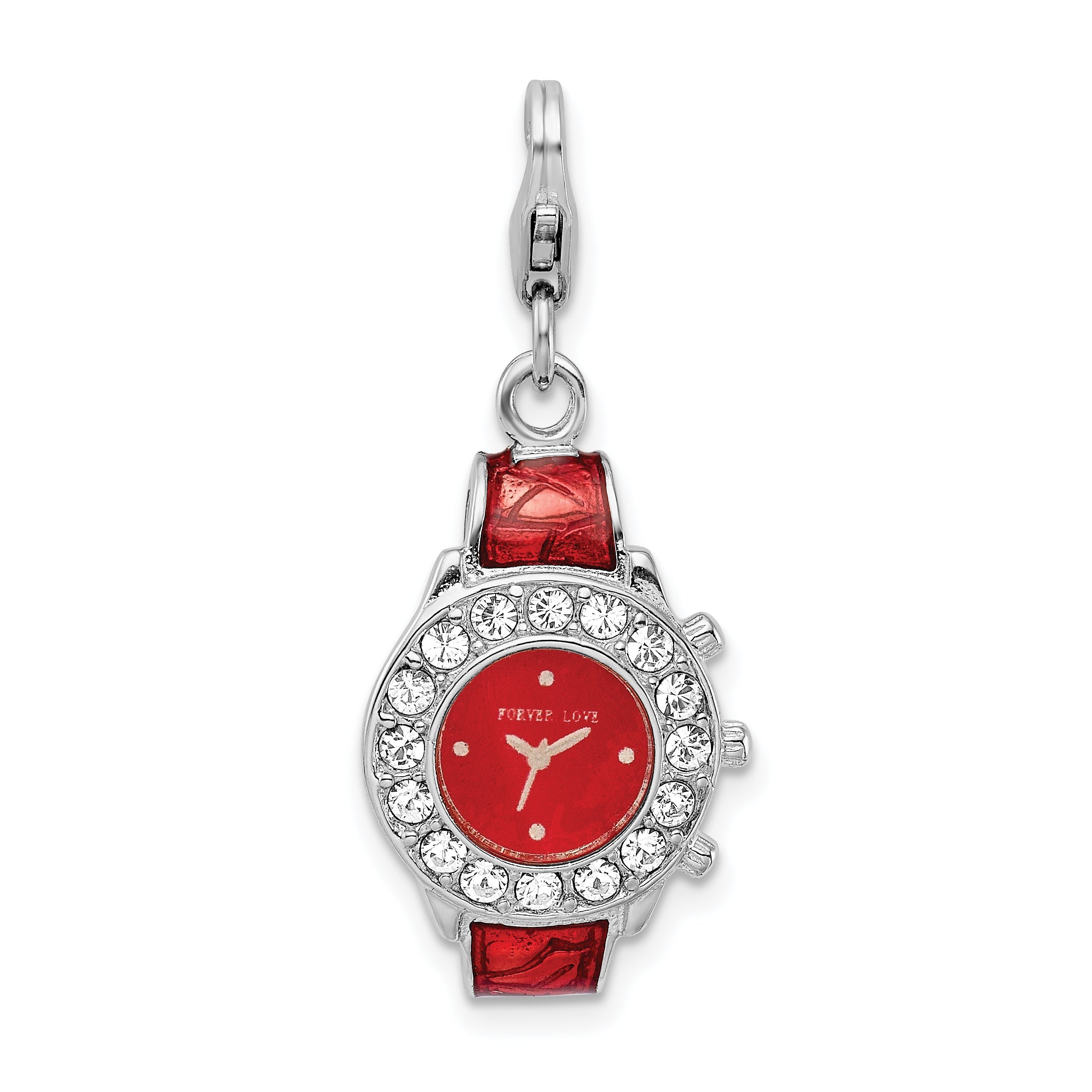 Sterling Silver Amore La Vita Rhodium-Plated Polished 3-D Red Enameled Watch Charm With Fancy Lobster Clasp