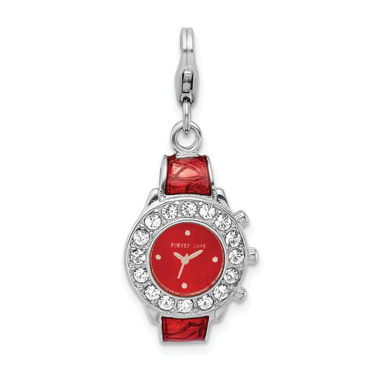 Sterling Silver Amore La Vita Rhodium-Plated Polished 3-D Red Enameled Watch Charm With Fancy Lobster Clasp