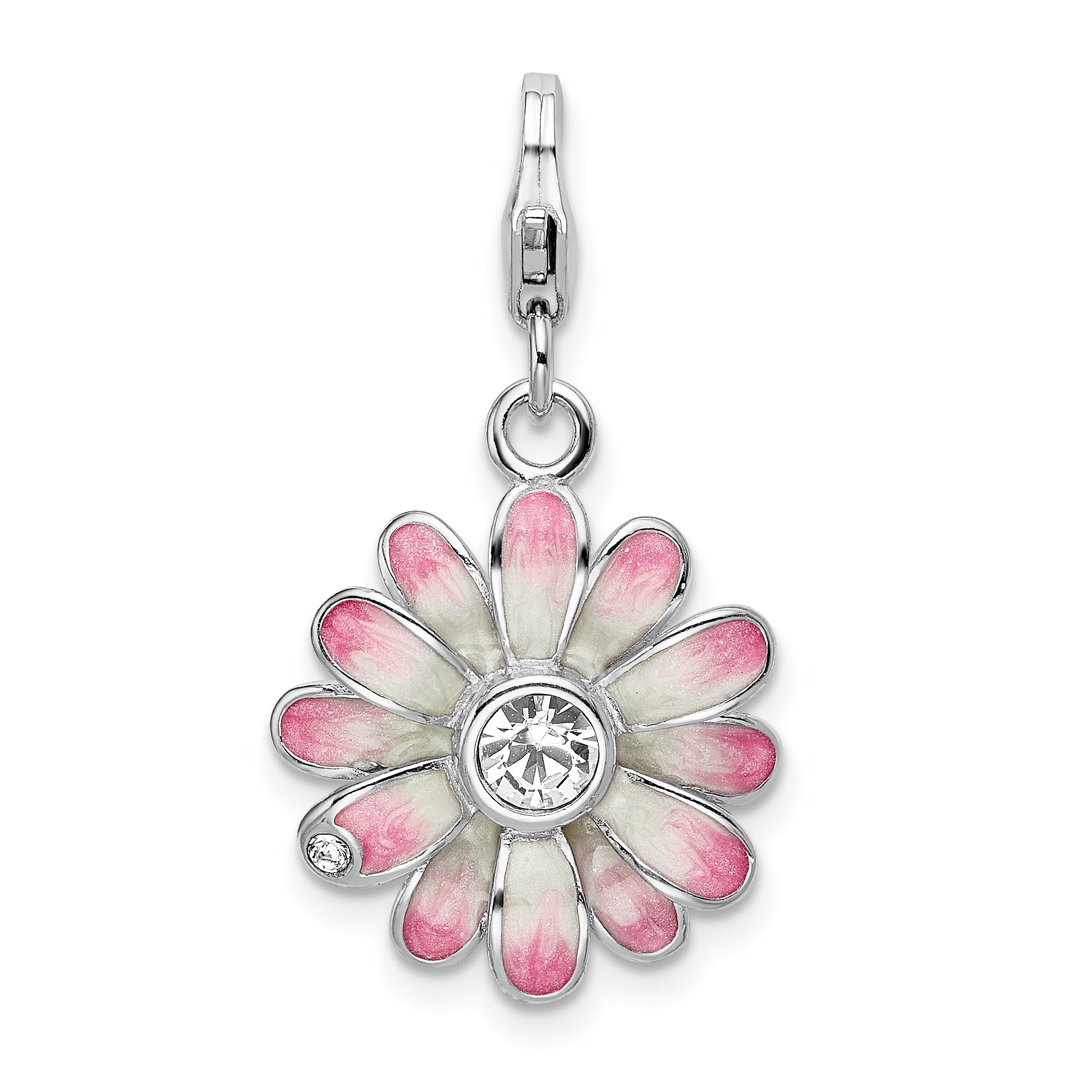 Sterling Silver Amore La Vita Rhodium-Plated Polished Enameled Flower Charm With Fancy Lobster Clasp