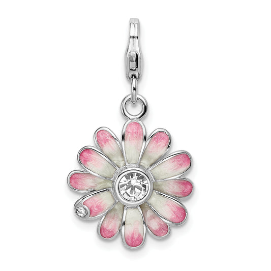 Sterling Silver Amore La Vita Rhodium-Plated Polished Enameled Flower Charm With Fancy Lobster Clasp