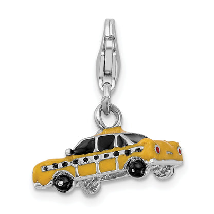 Sterling Silver Amore La Vita Rhodium-Plated Polished 3-D Enameled Taxi Cab Charm With Fancy Lobster Clasp