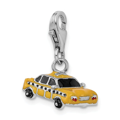 Sterling Silver Amore La Vita Rhodium-Plated Polished 3-D Enameled Taxi Cab Charm With Fancy Lobster Clasp