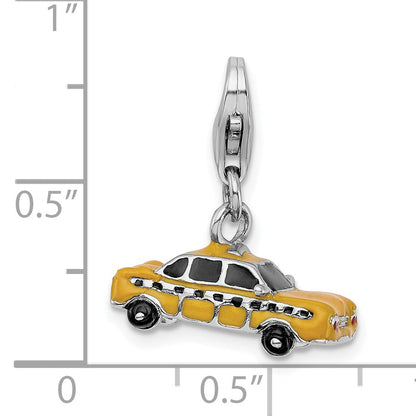 Sterling Silver Amore La Vita Rhodium-Plated Polished 3-D Enameled Taxi Cab Charm With Fancy Lobster Clasp