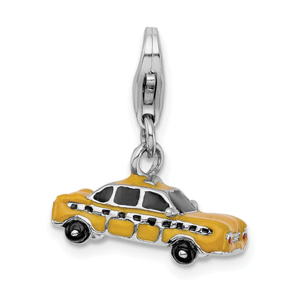 Sterling Silver Amore La Vita Rhodium-Plated Polished 3-D Enameled Taxi Cab Charm With Fancy Lobster Clasp