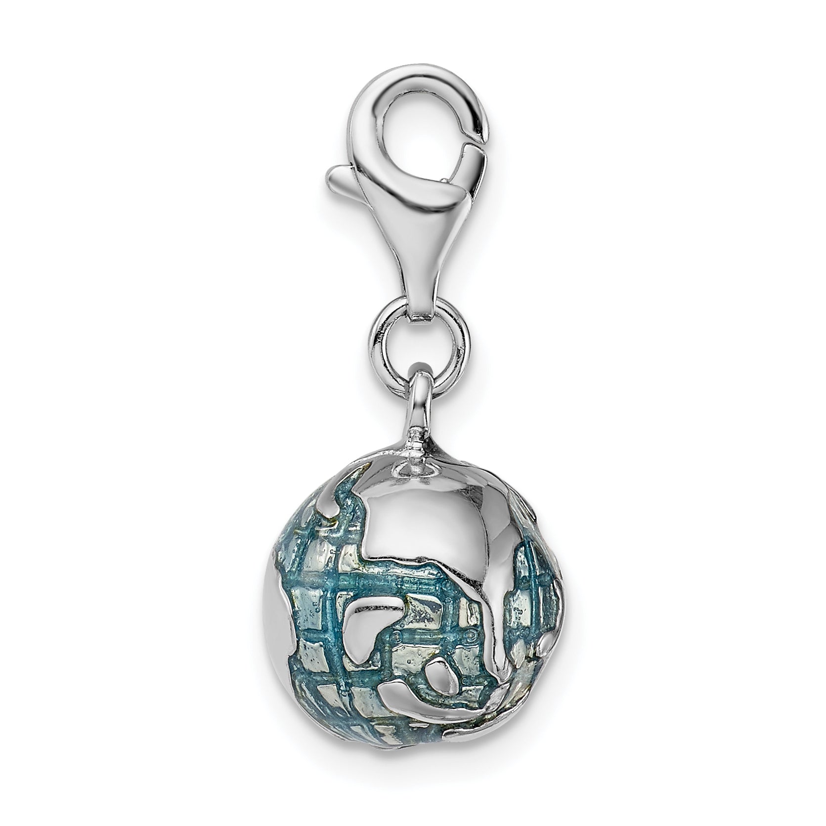 Sterling Silver Amore La Vita Rhodium-Plated Polished 3-D Enameled World Globe Charm With Fancy Lobster Clasp