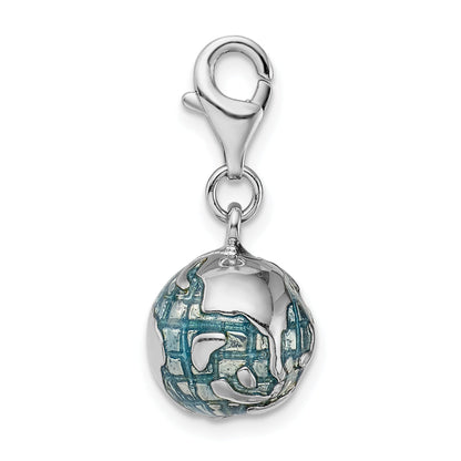 Sterling Silver Amore La Vita Rhodium-Plated Polished 3-D Enameled World Globe Charm With Fancy Lobster Clasp