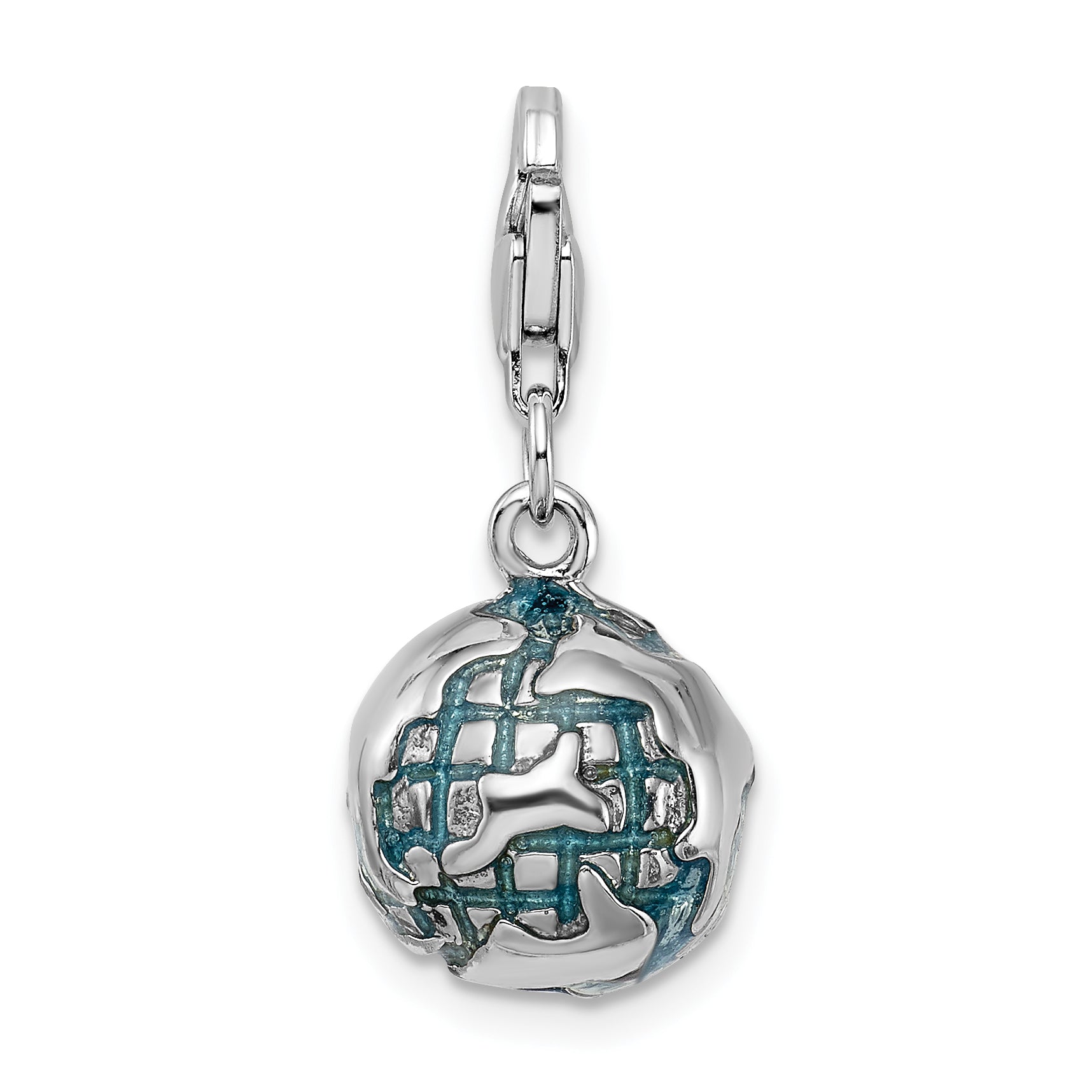 Sterling Silver Amore La Vita Rhodium-Plated Polished 3-D Enameled World Globe Charm With Fancy Lobster Clasp