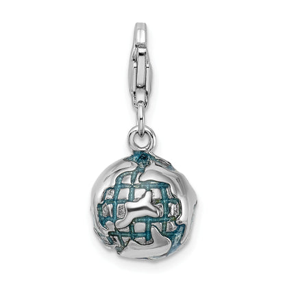Sterling Silver Amore La Vita Rhodium-Plated Polished 3-D Enameled World Globe Charm With Fancy Lobster Clasp