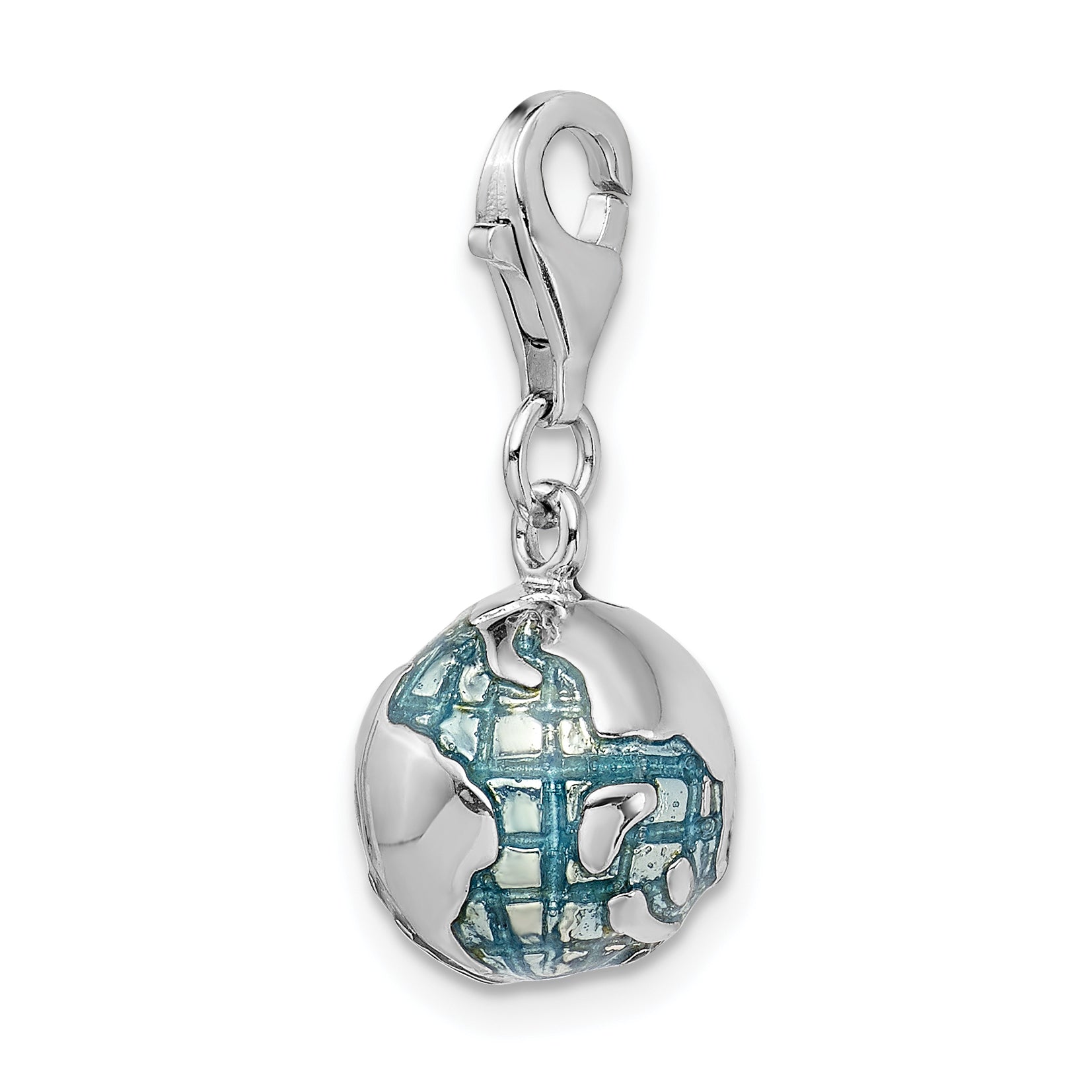 Sterling Silver Amore La Vita Rhodium-Plated Polished 3-D Enameled World Globe Charm With Fancy Lobster Clasp