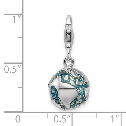 Sterling Silver Amore La Vita Rhodium-Plated Polished 3-D Enameled World Globe Charm With Fancy Lobster Clasp