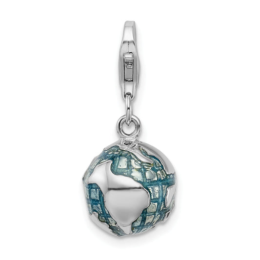 Sterling Silver Amore La Vita Rhodium-Plated Polished 3-D Enameled World Globe Charm With Fancy Lobster Clasp
