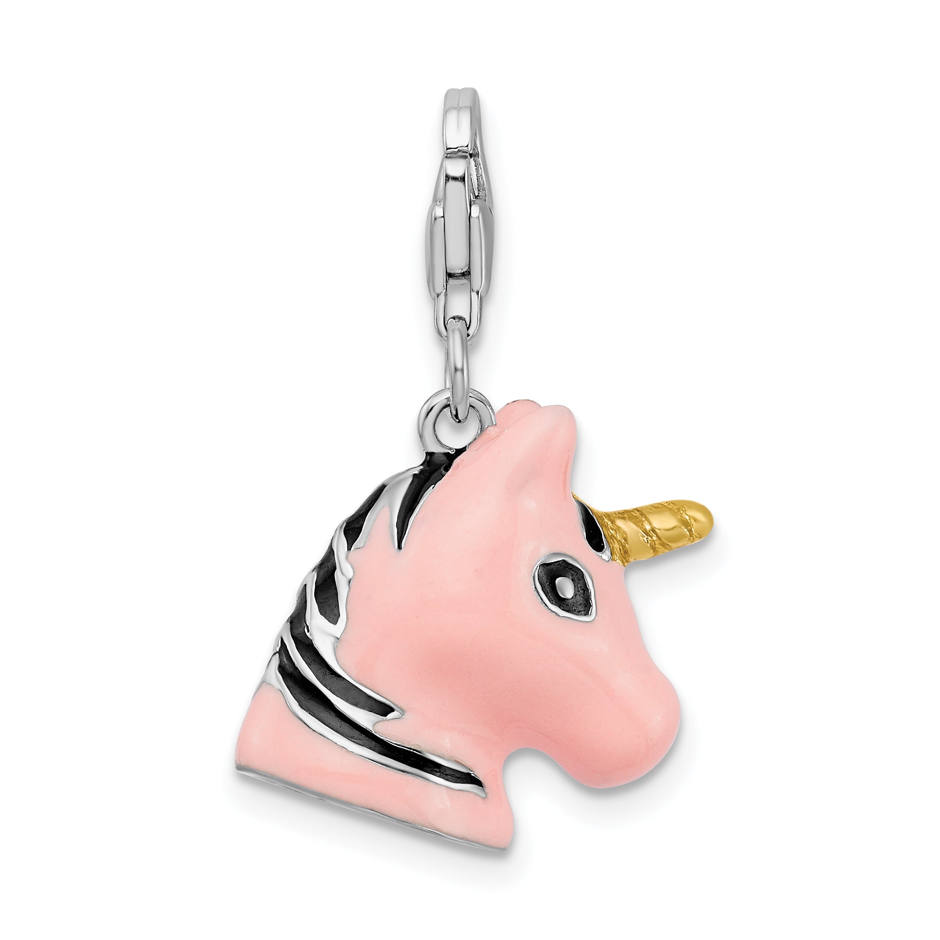 Sterling Silver Amore La Vita Rhodium-Plated Polished 3-D Pink Enameled Unicorn Head Charm With Fancy Lobster Clasp