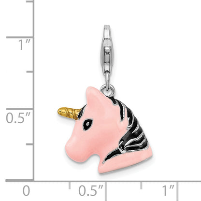 Sterling Silver Amore La Vita Rhodium-Plated Polished 3-D Pink Enameled Unicorn Head Charm With Fancy Lobster Clasp