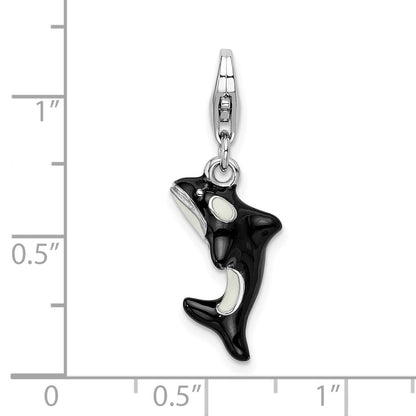 Sterling Silver Amore La Vita Rhodium-Plated Polished 3-D Enameled Orca Whale Charm With Fancy Lobster Clasp