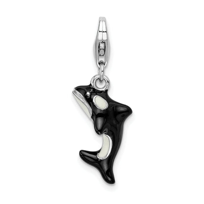Sterling Silver Amore La Vita Rhodium-Plated Polished 3-D Enameled Orca Whale Charm With Fancy Lobster Clasp