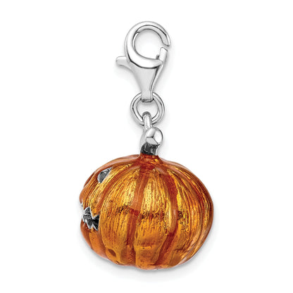 Sterling Silver Amore La Vita Rhodium-Plated Polished 3-D Enameled Jack O Lantern Charm With Fancy Lobster Clasp