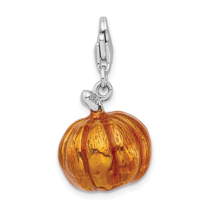 Sterling Silver Amore La Vita Rhodium-Plated Polished 3-D Enameled Jack O Lantern Charm With Fancy Lobster Clasp
