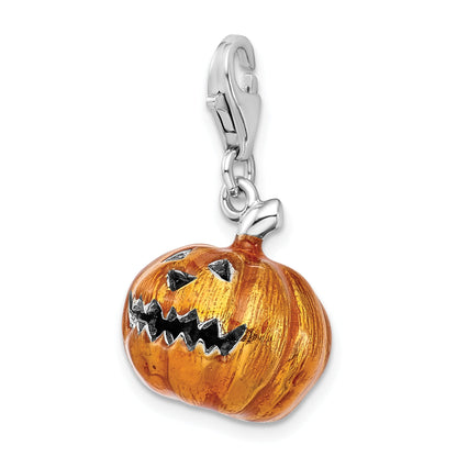 Sterling Silver Amore La Vita Rhodium-Plated Polished 3-D Enameled Jack O Lantern Charm With Fancy Lobster Clasp