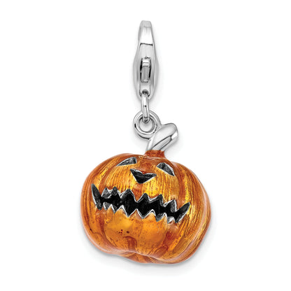 Sterling Silver Amore La Vita Rhodium-Plated Polished 3-D Enameled Jack O Lantern Charm With Fancy Lobster Clasp
