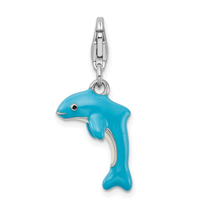 Sterling Silver Amore La Vita Rhodium-Plated Polished 3-D Enameled Dolphin Charm With Fancy Lobster Clasp