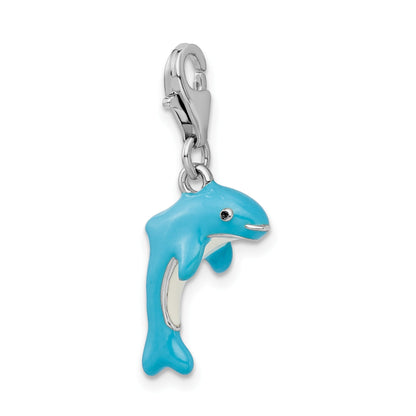 Sterling Silver Amore La Vita Rhodium-Plated Polished 3-D Enameled Dolphin Charm With Fancy Lobster Clasp