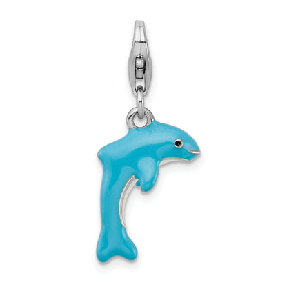 Sterling Silver Amore La Vita Rhodium-Plated Polished 3-D Enameled Dolphin Charm With Fancy Lobster Clasp