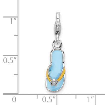 Sterling Silver Amore La Vita Rhodium-Plated Polished 3-D Enameled Flower Flip Flop Charm With Fancy Lobster Clasp