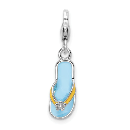 Sterling Silver Amore La Vita Rhodium-Plated Polished 3-D Enameled Flower Flip Flop Charm With Fancy Lobster Clasp