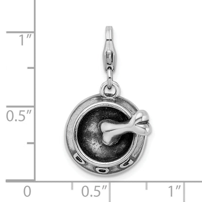 Sterling Silver Amore La Vita Rhodium-Plated Polished 3-D Dog Bowl And Bone Charm With Fancy Lobster Clasp