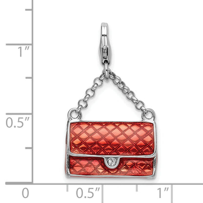 Sterling Silver Amore La Vita Rhodium-Plated Polished 3-D Enameled With Swarovski Crystal Purse Charm Fancy Lobster Clasp
