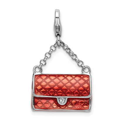 Sterling Silver Amore La Vita Rhodium-Plated Polished 3-D Enameled With Swarovski Crystal Purse Charm Fancy Lobster Clasp