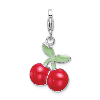Sterling Silver Rh Enameled 3-D Cherries W/Lobster Clasp Charm