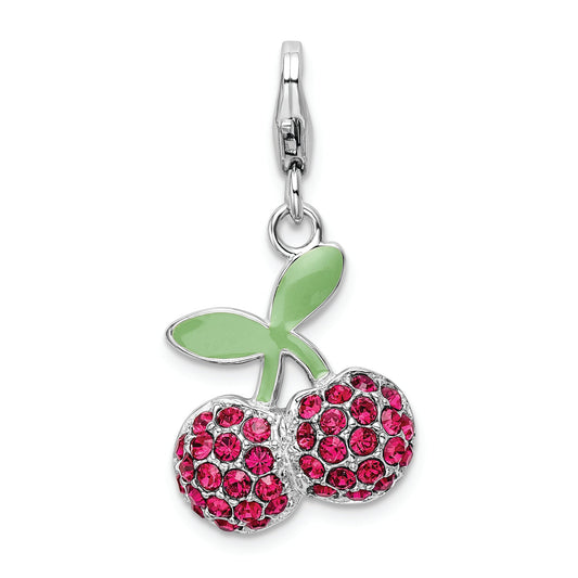 Sterling Silver Rh Enameled 3-D Cherries W/Lobster Clasp Charm