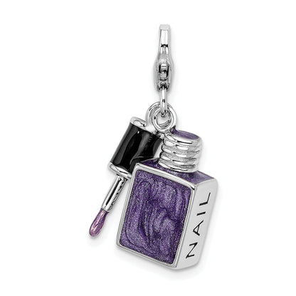 Sterling Silver Amore La Vita Rhodium-Plated Polished 3-D Enameled Nail Charm With Fancy Lobster Clasp