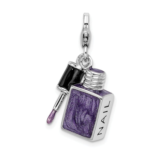 Sterling Silver Amore La Vita Rhodium-Plated Polished 3-D Enameled Nail Charm With Fancy Lobster Clasp