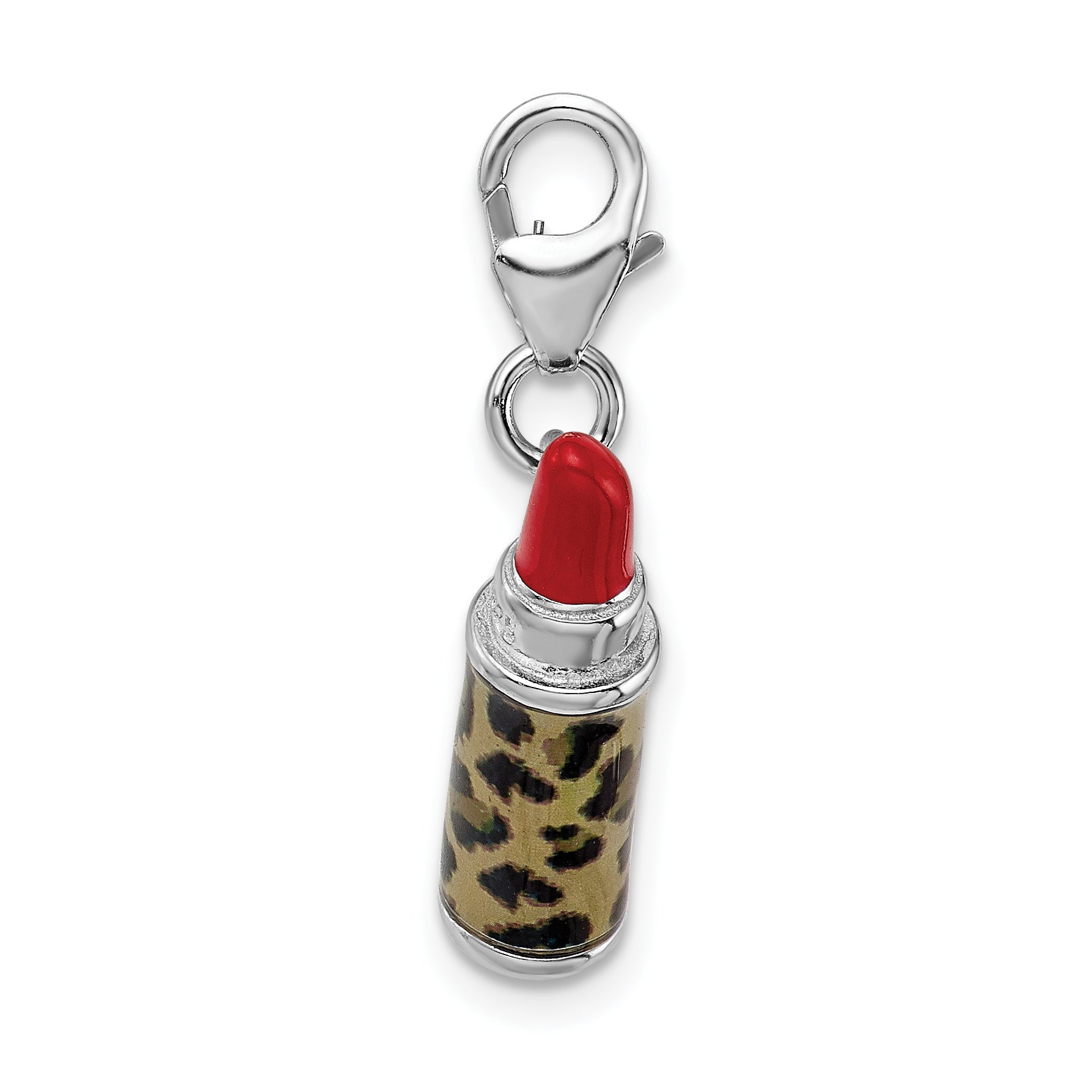 Sterling Silver Amore La Vita Rhodium-Plated Polished 3-D Enameled Leopard Lipstick Charm With Fancy Lobster Clasp