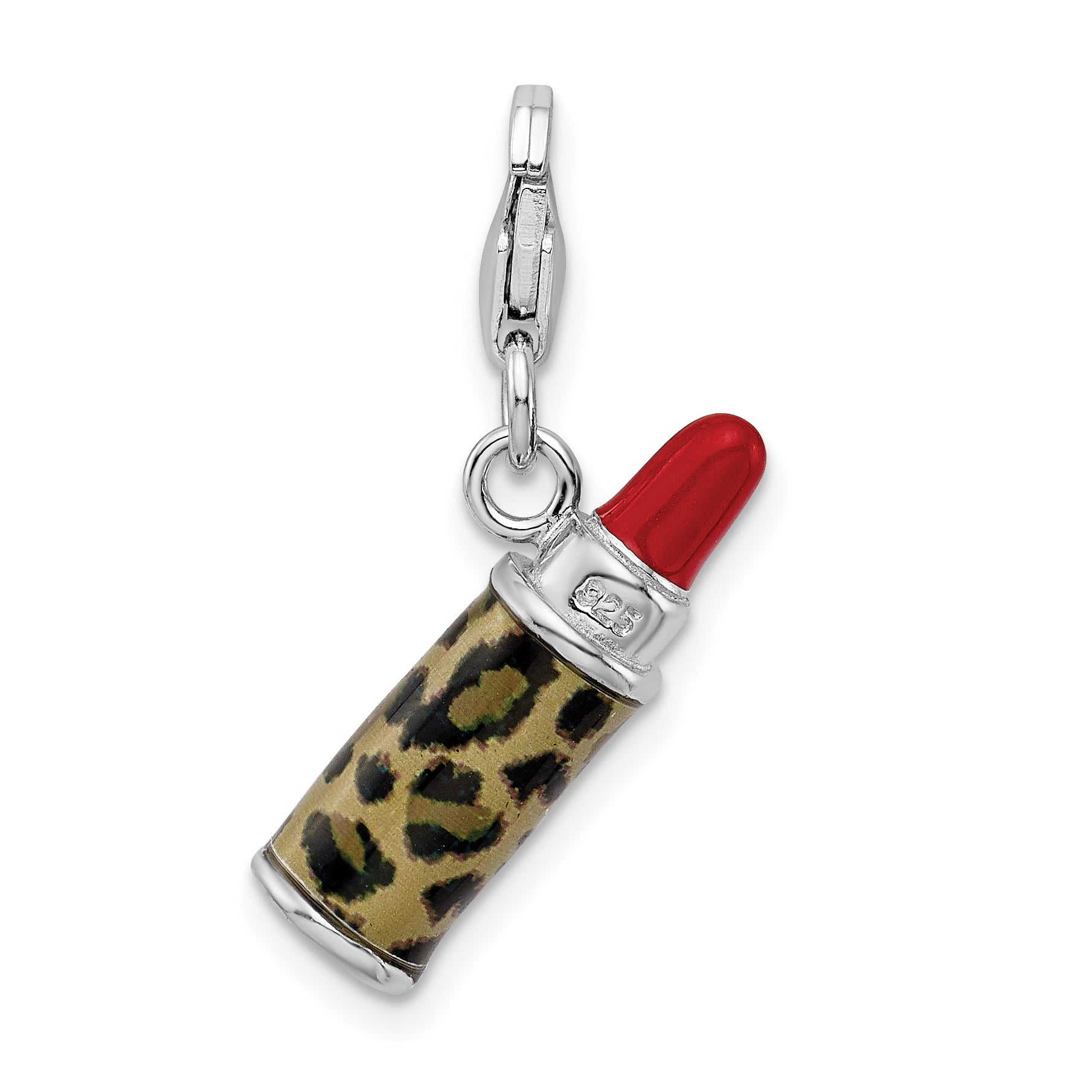 Sterling Silver Amore La Vita Rhodium-Plated Polished 3-D Enameled Leopard Lipstick Charm With Fancy Lobster Clasp