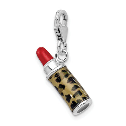 Sterling Silver Amore La Vita Rhodium-Plated Polished 3-D Enameled Leopard Lipstick Charm With Fancy Lobster Clasp