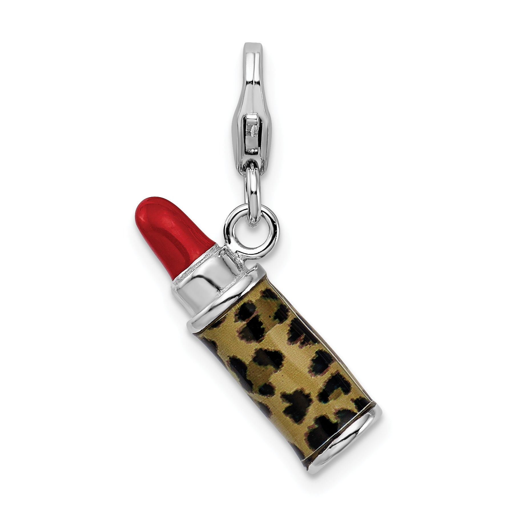 Sterling Silver Amore La Vita Rhodium-Plated Polished 3-D Enameled Leopard Lipstick Charm With Fancy Lobster Clasp