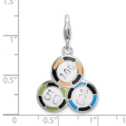 Sterling Silver Amore La Vita Rhodium-Plated Polished Enameled Casino Chips Charm With Fancy Lobster Clasp