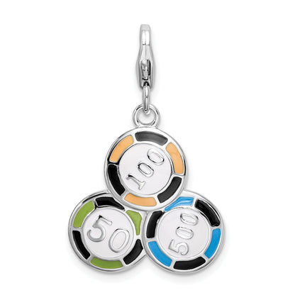Sterling Silver Amore La Vita Rhodium-Plated Polished Enameled Casino Chips Charm With Fancy Lobster Clasp