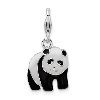 Sterling Silver Amore La Vita Rhodium-Plated Polished Enameled Panda Bear Charm With Fancy Lobster Clasp