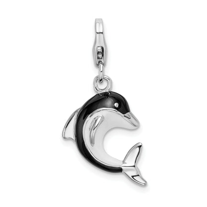 Sterling Silver Amore La Vita Rhodium-Plated Polished 3-D Enameled Dolphin Charm With Fancy Lobster Clasp