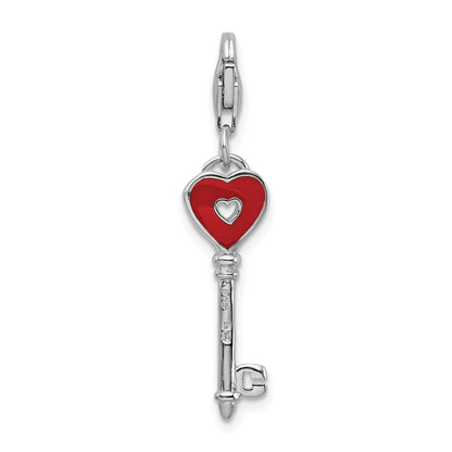 Sterling Silver Amore La Vita Rhodium-Plated Polished 3-D Enameled Heart Key Charm With Fancy Lobster Clasp