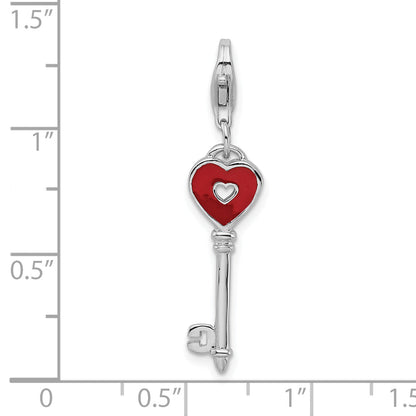 Sterling Silver Amore La Vita Rhodium-Plated Polished 3-D Enameled Heart Key Charm With Fancy Lobster Clasp