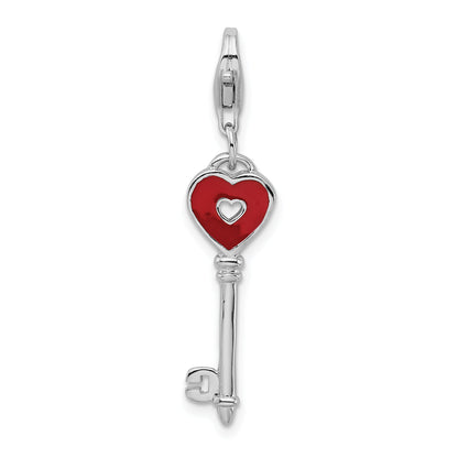 Sterling Silver Amore La Vita Rhodium-Plated Polished 3-D Enameled Heart Key Charm With Fancy Lobster Clasp