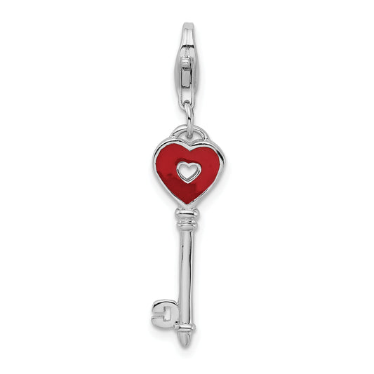 Sterling Silver Amore La Vita Rhodium-Plated Polished 3-D Enameled Heart Key Charm With Fancy Lobster Clasp