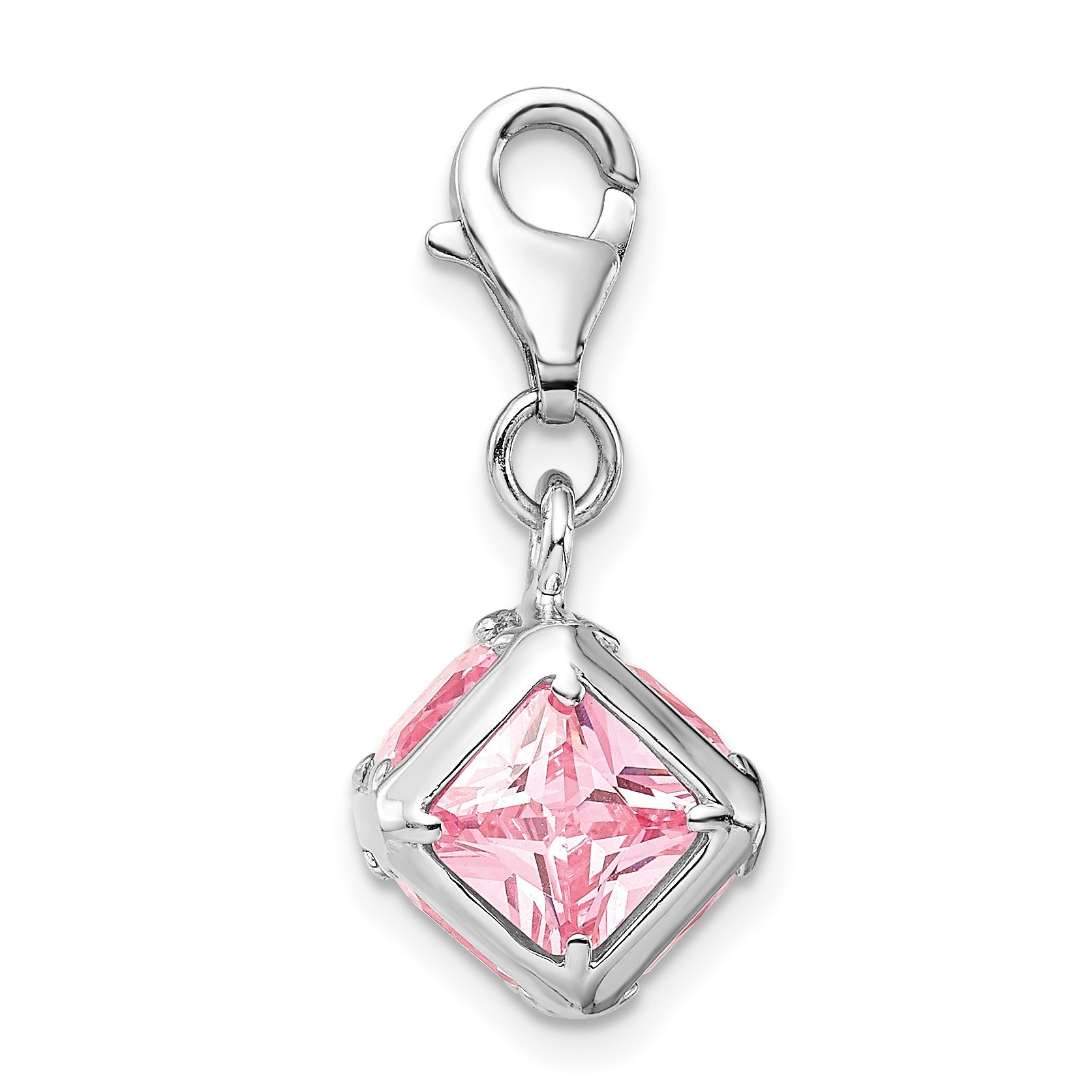 Sterling Silver Amore La Vita Rhodium-Plated Polished 3-D Pink Cz Cube Charm With Fancy Lobster Clasp